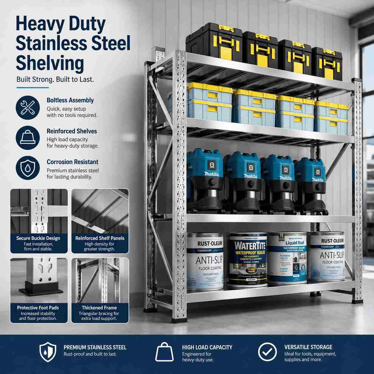 Stainless Steel Rack for Kitchen, Warehouse and Commercial Storage