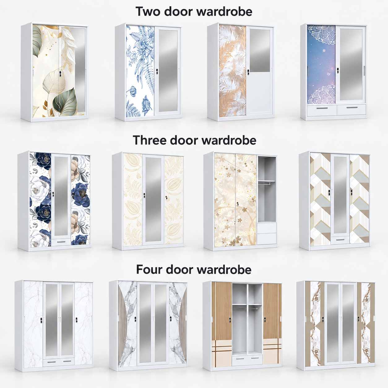 Metal Sliding Door Wardrobe with Mirror and Marble-Effect Panel 