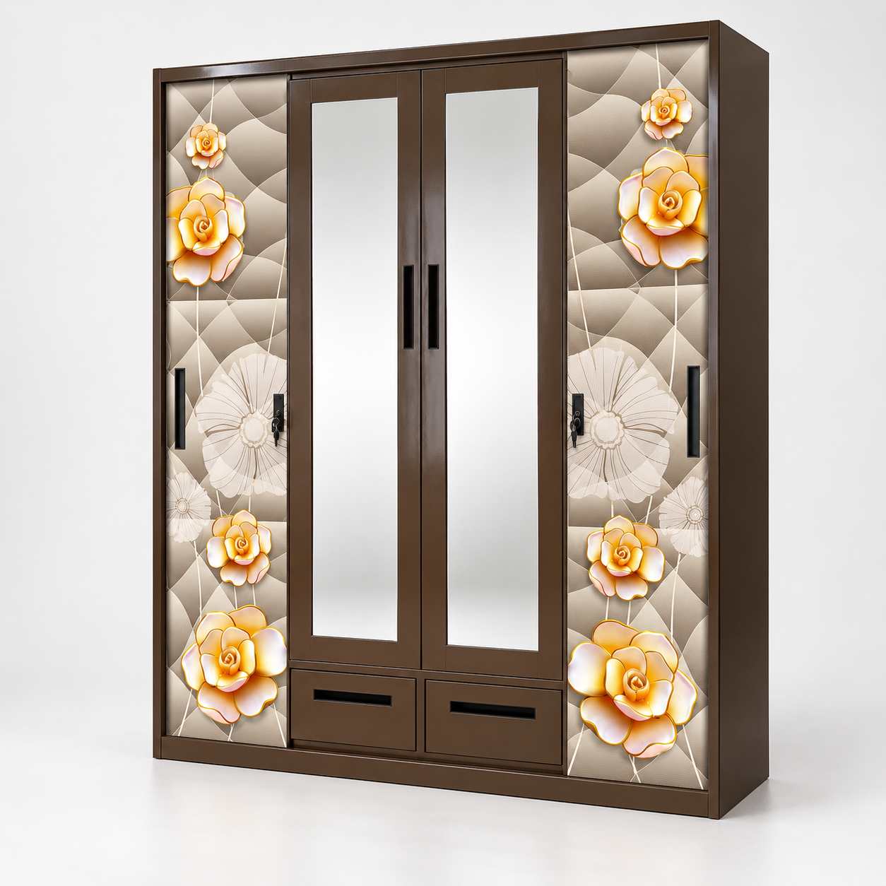 Metal Sliding Door Wardrobe with Mirror and Marble-Effect Panel 
