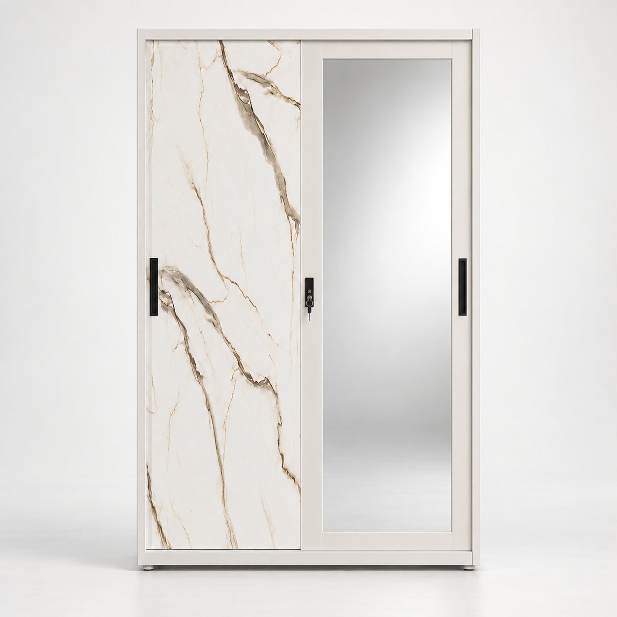 Metal Sliding Door Wardrobe with Mirror and Marble-Effect Panel 
