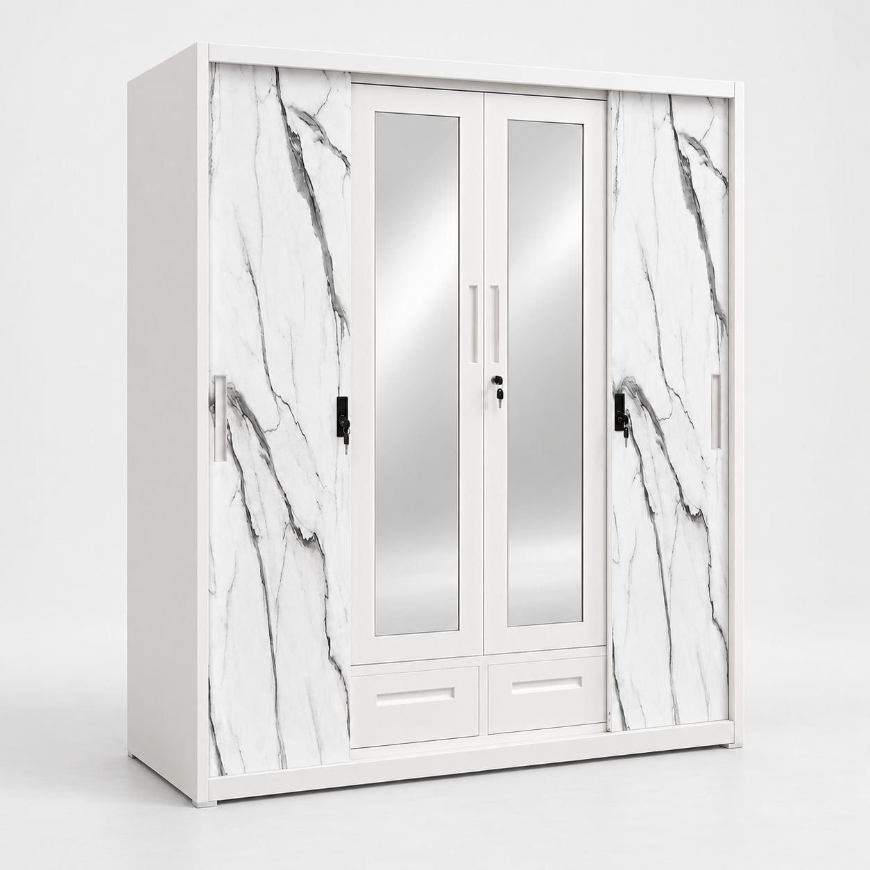 Metal Sliding Door Wardrobe with Mirror and Marble-Effect Panel 