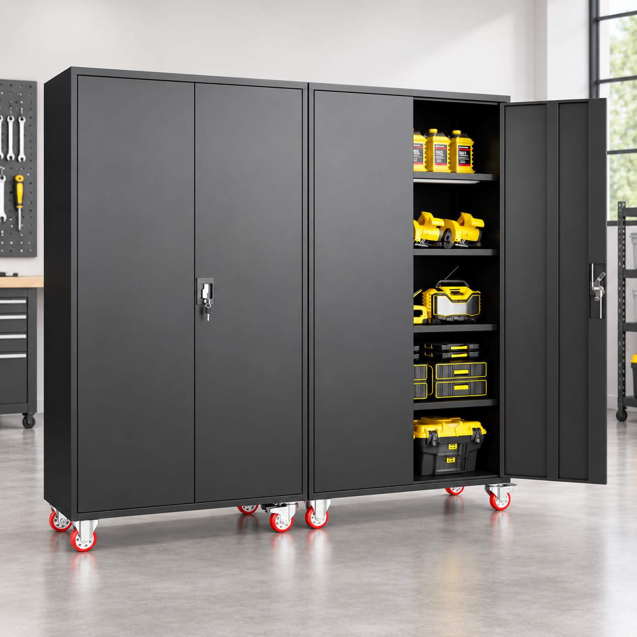 Heavy Duty Metal Storage Cabinet with Wheels – Lockable Garage & Workshop Tool Storage