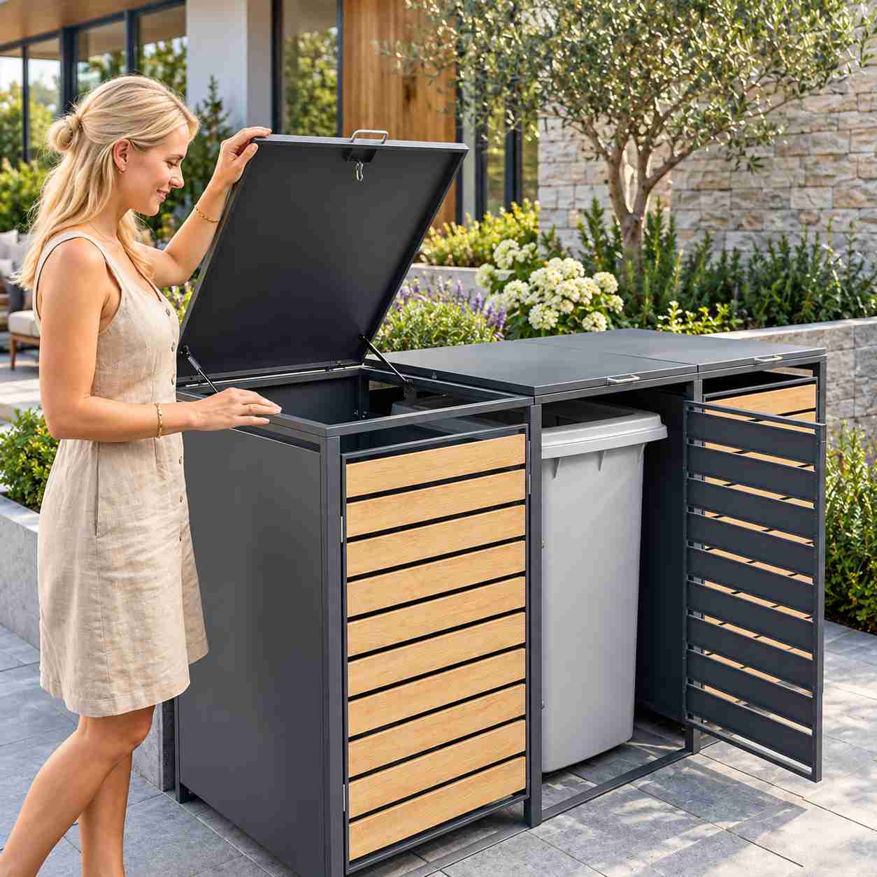 Metal Outdoor Trash Can Storage Cabinet with Lift-Up Lid & Front Doors