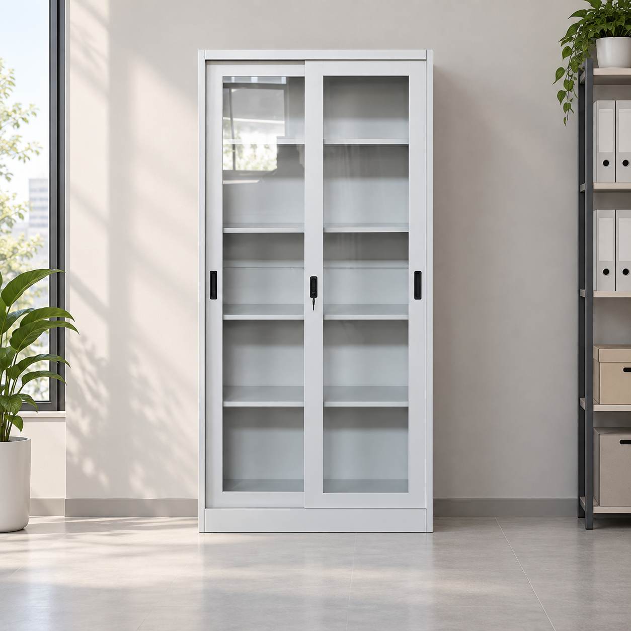 Glass Door Metal Storage Cabinet – Lockable Steel Display Cabinet with Adjustable Shelves