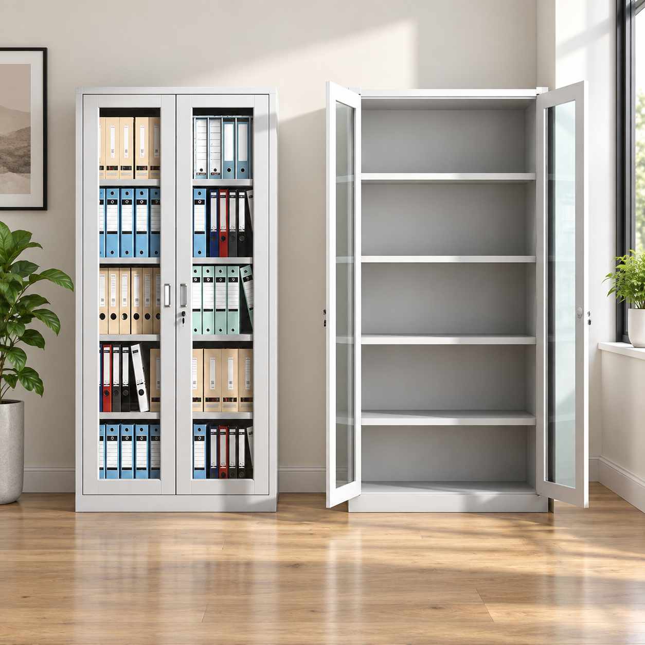 Glass Door Metal Storage Cabinet – Lockable Steel Display Cabinet with Adjustable Shelves