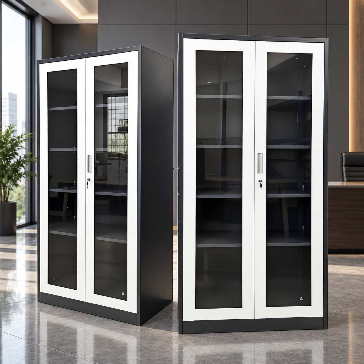 Glass Door Metal Storage Cabinet – Lockable Steel Display Cabinet with Adjustable Shelves