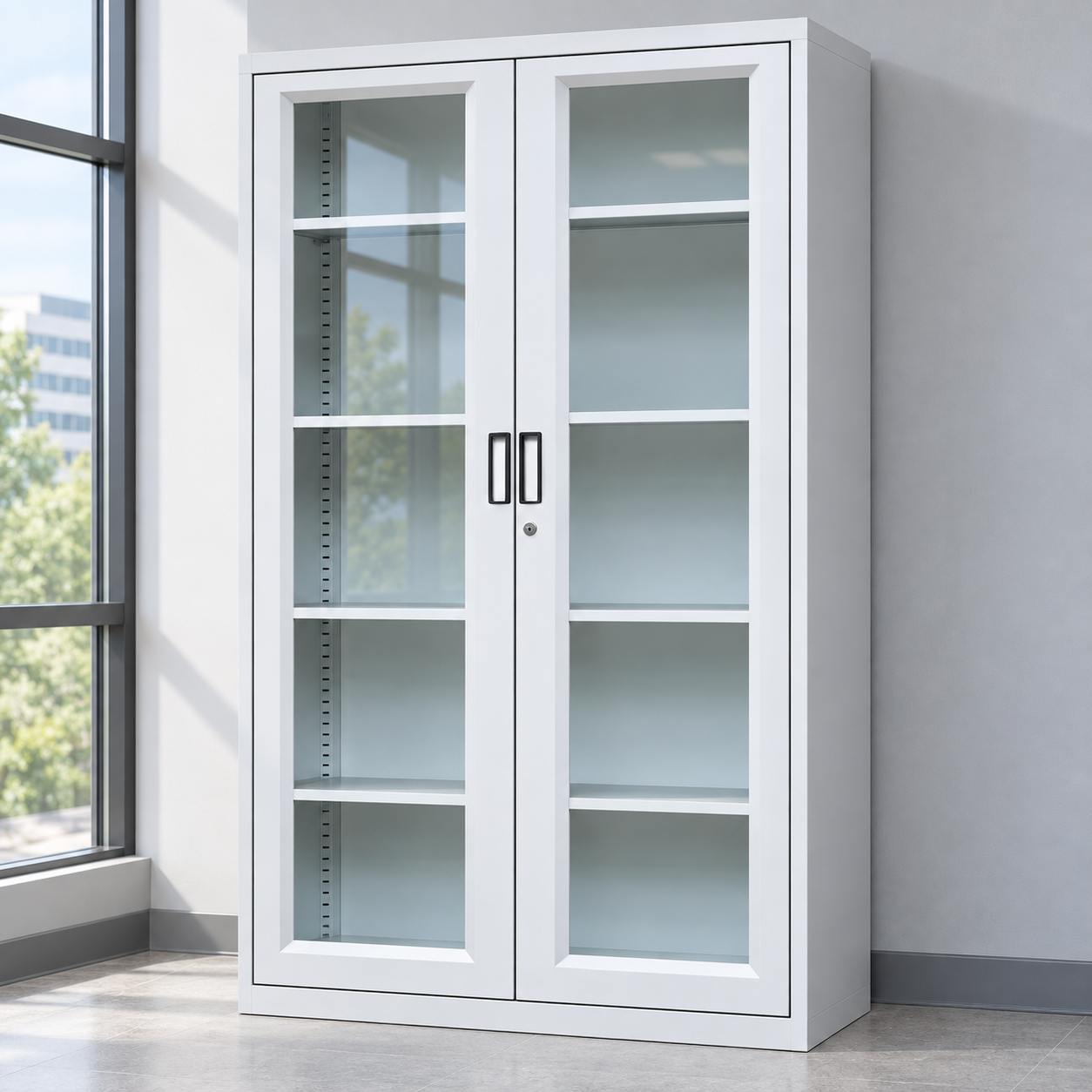 Glass Door Metal Storage Cabinet – Lockable Steel Display Cabinet with Adjustable Shelves