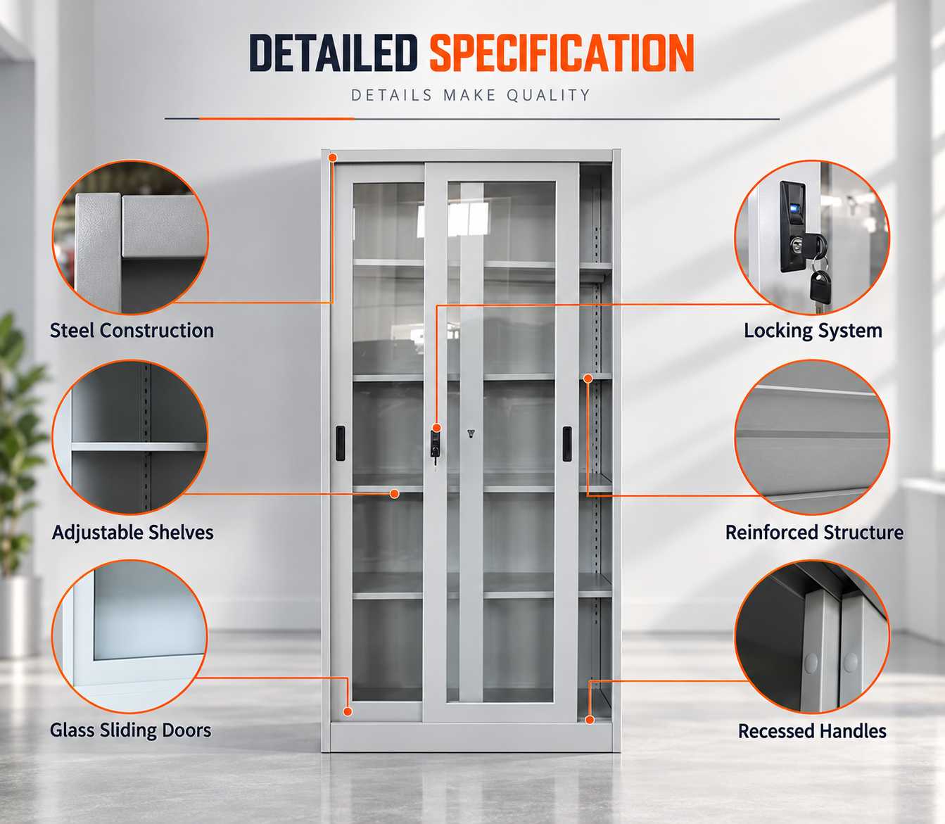 Glass Door Metal Storage Cabinet – Lockable Steel Display Cabinet with Adjustable Shelves