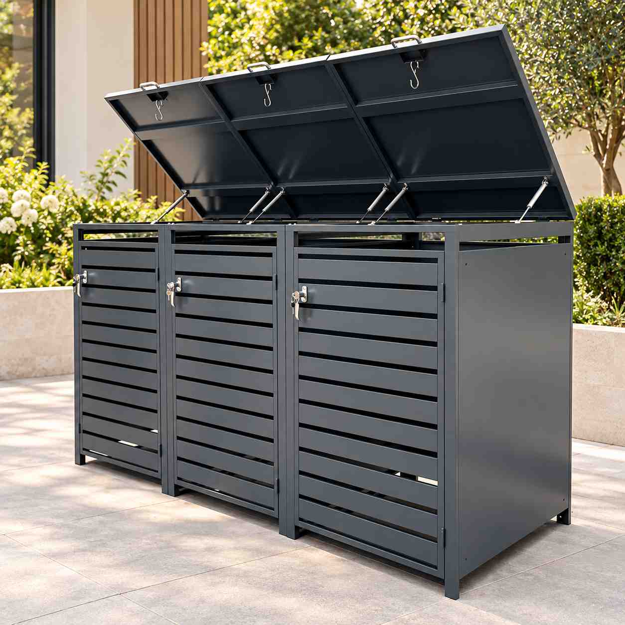 Metal Outdoor Trash Can Storage Cabinet with Lift-Up Lid & Front Doors