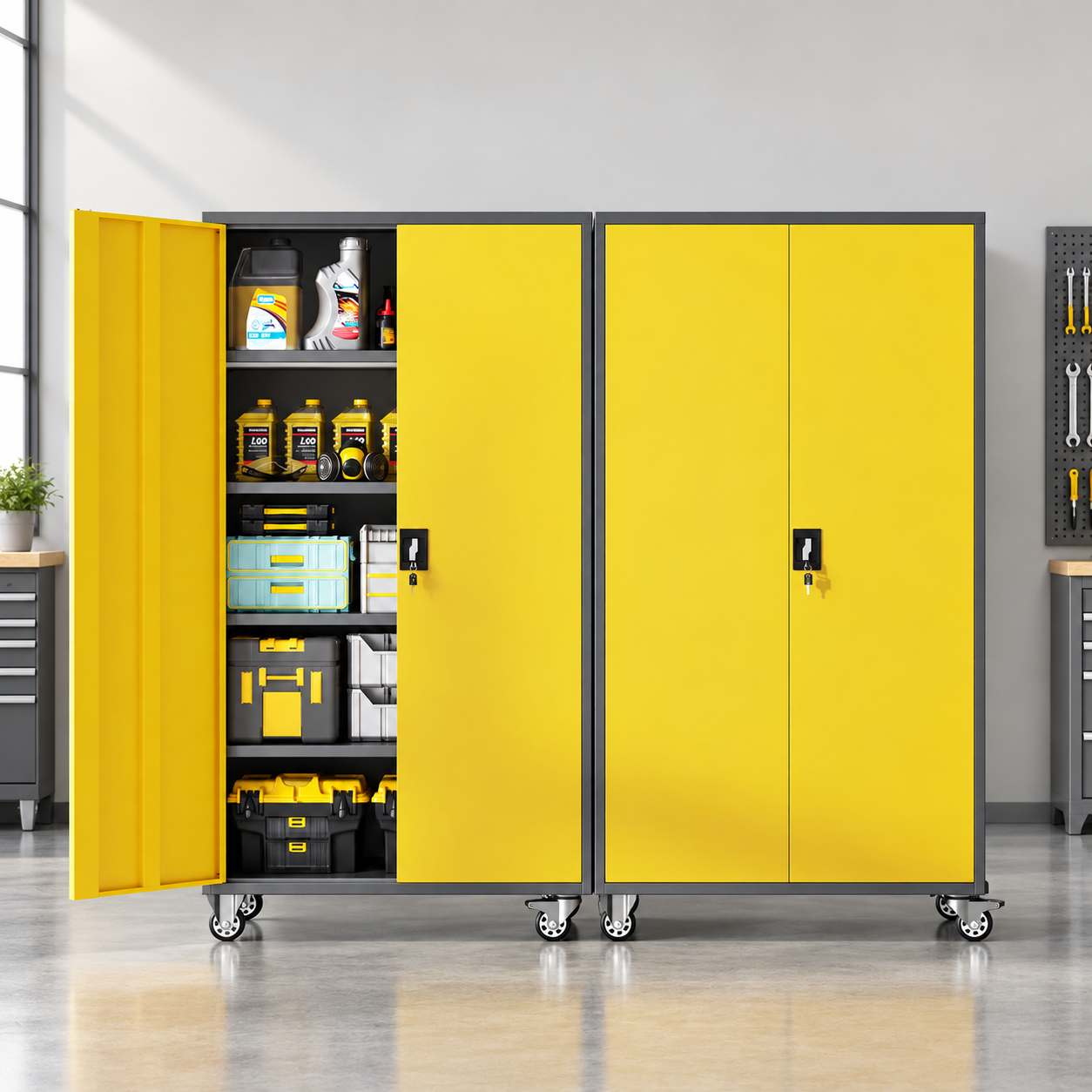 Heavy Duty Metal Storage Cabinet with Wheels – Lockable Garage & Workshop Tool Storage