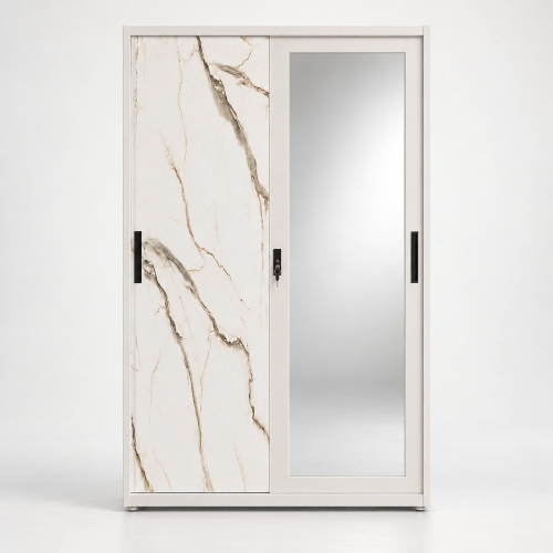 Metal Sliding Door Wardrobe with Mirror and Marble-Effect Panel 