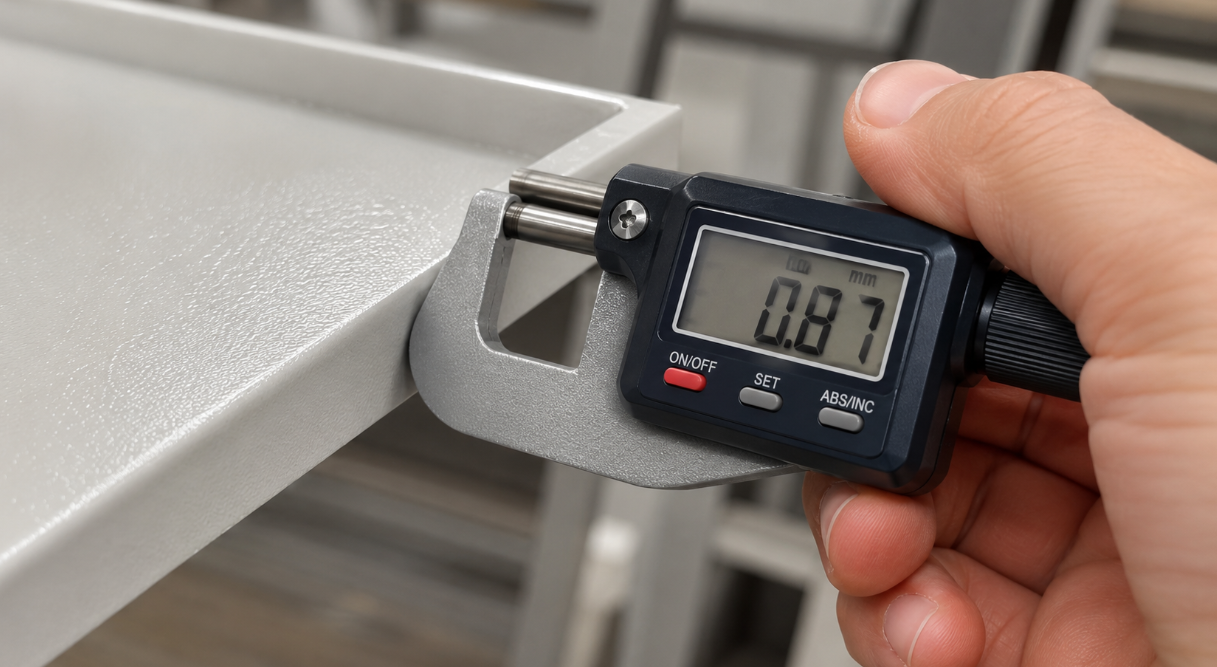 KAYOU worker measuring raw steel thickness before shelving production KAYOU worker measuring raw steel thickness before shelving production