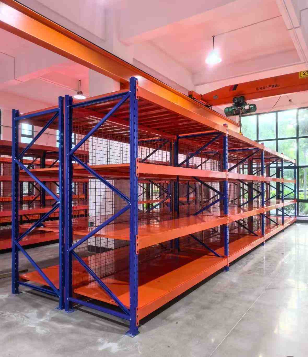 KAYOU industrial long span metal shelving with orange steel shelves and blue upright frames