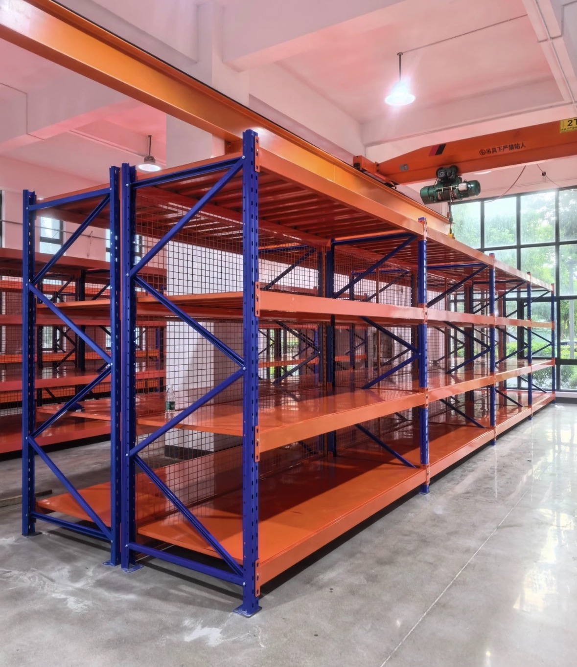 KAYOU back-to-back longspan warehouse shelving with orange steel shelves and blue upright frames