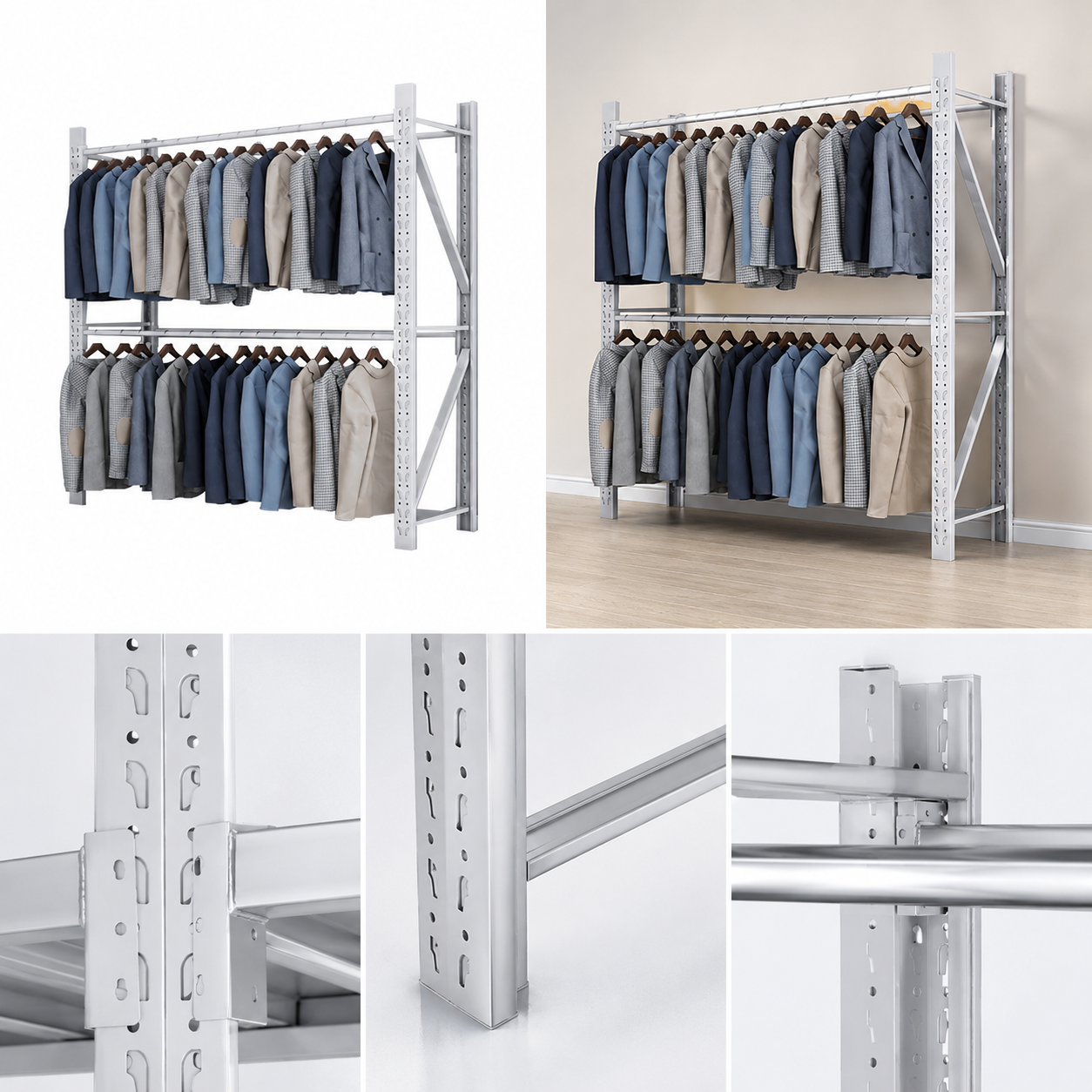 KAYOU commercial garment rack details with perforated uprights slot connections and reinforced side bracing