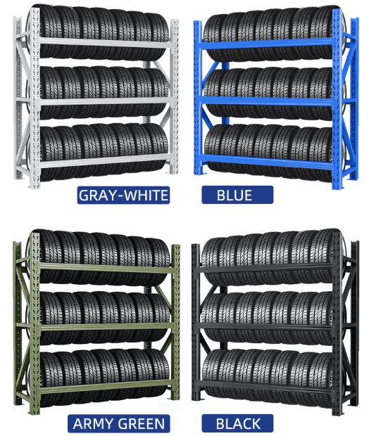 KAYOU adjustable tire storage rack in gray-white blue army green and black