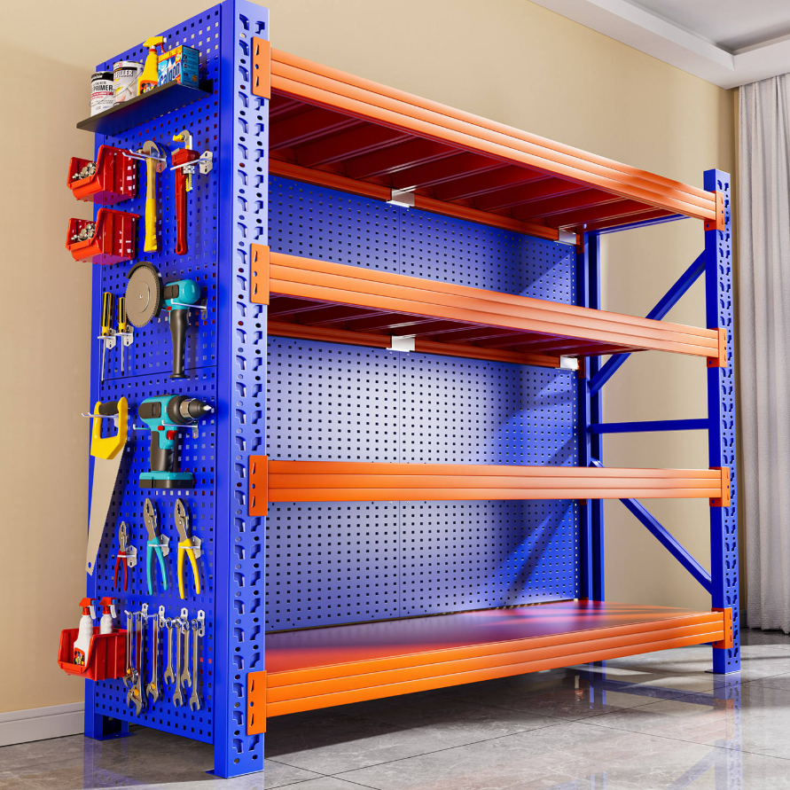 Steel Shelving with Side and Rear Pegboard KAYOU blue and orange steel tool shelving with side and rear pegboard panels