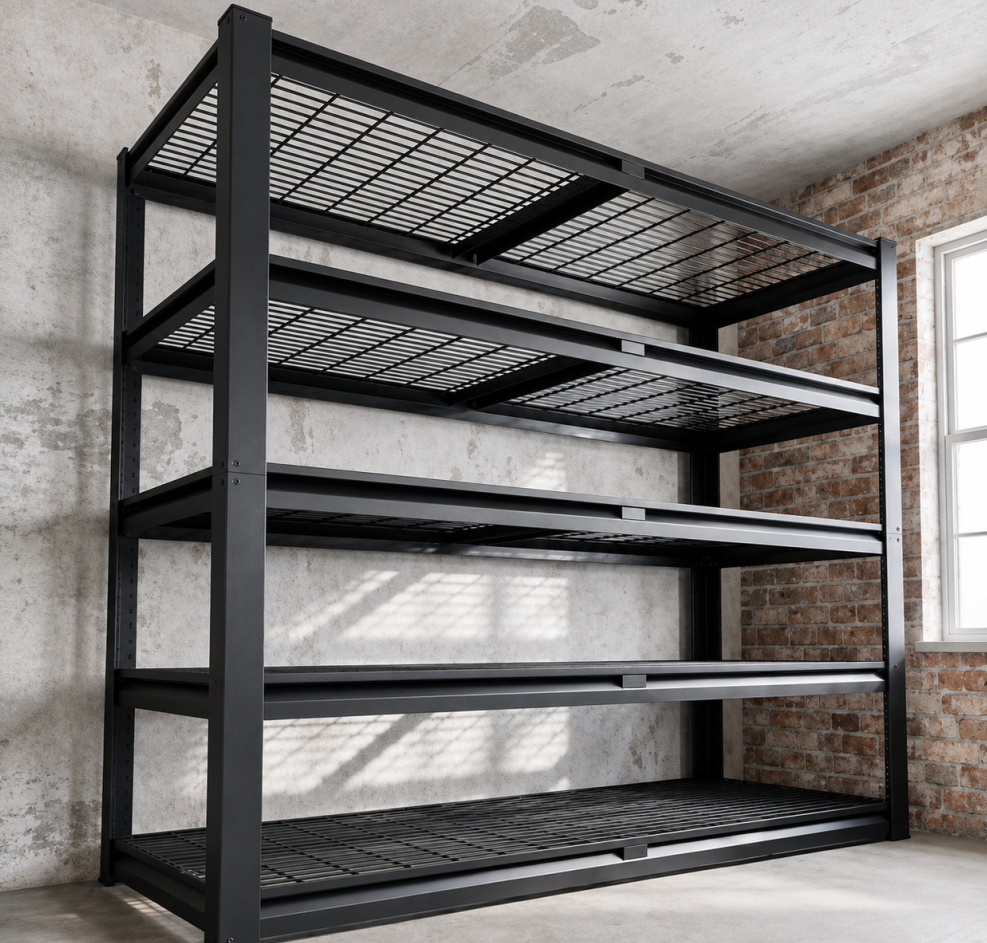 Wire Mesh Deck Steel Shelving Black five-level wire mesh deck steel shelving for garage workshop and warehouse storage