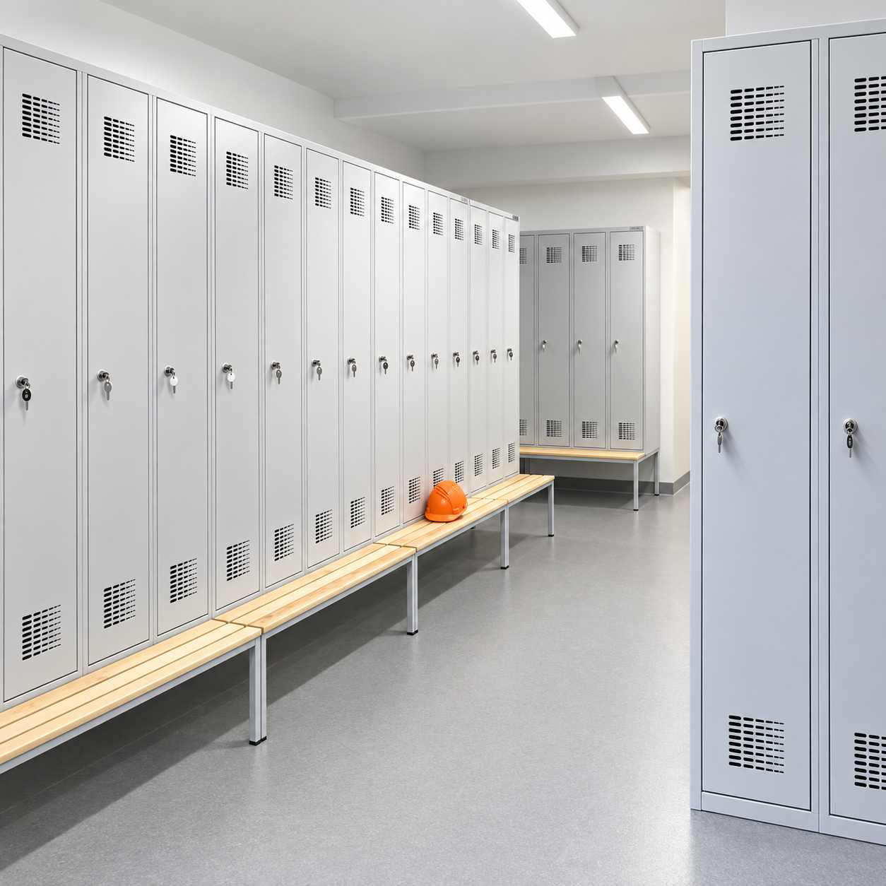 Metal locker with bench - changing room storage example