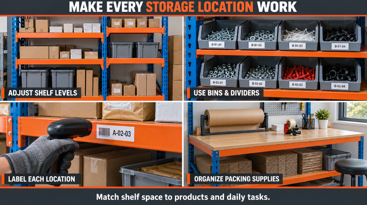 Small parts organization with bins and adjustable steel shelving Small parts organization with bins and adjustable steel shelving