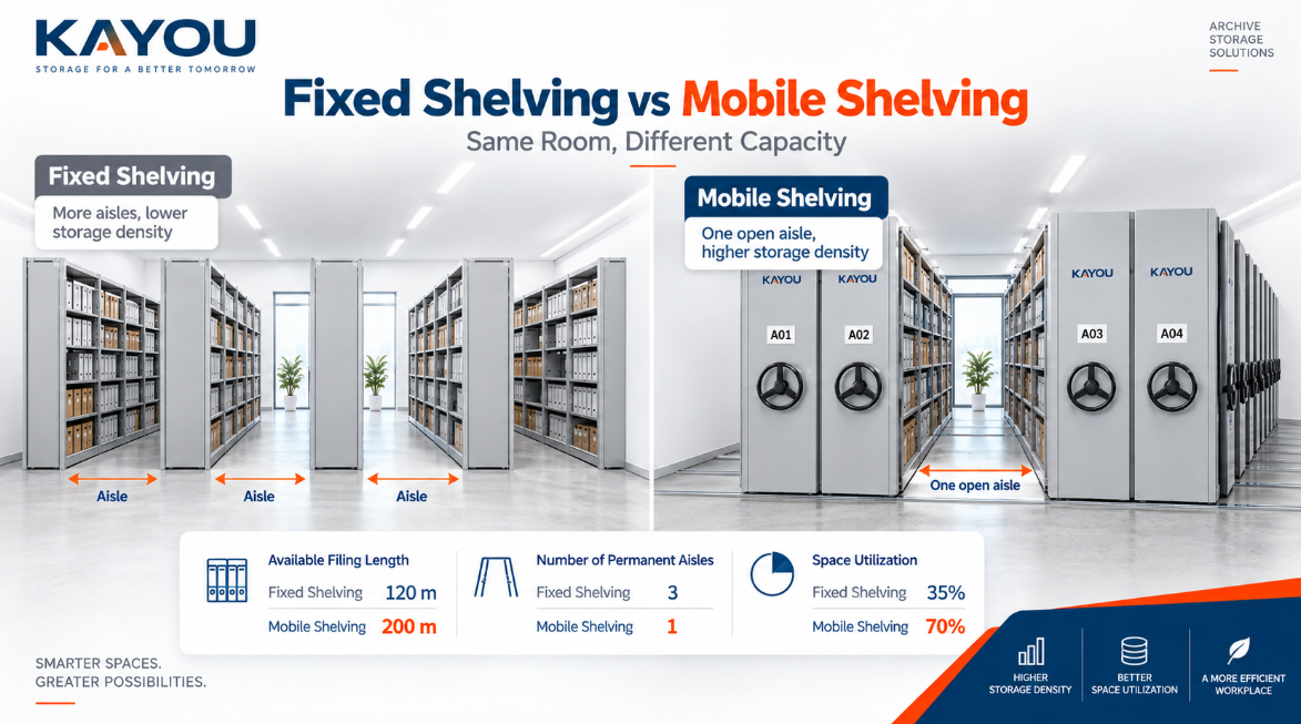 Fixed Shelving vs Mobile Shelving — Same Room, Different Capacity Comparison of fixed shelving and mobile shelving storage density