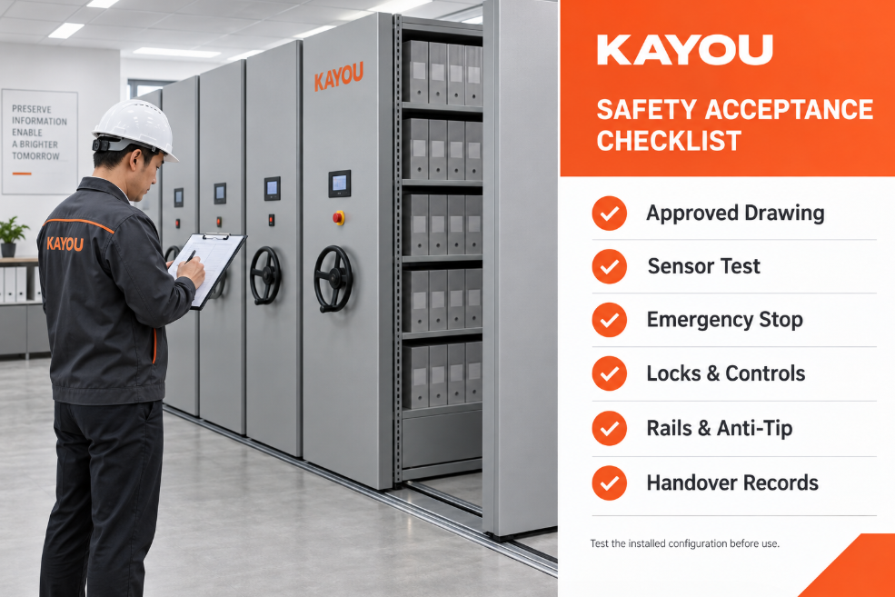 Mobile shelving safety features including an aisle sensor, emergency stop, safety lock and anti-tip rail guidance