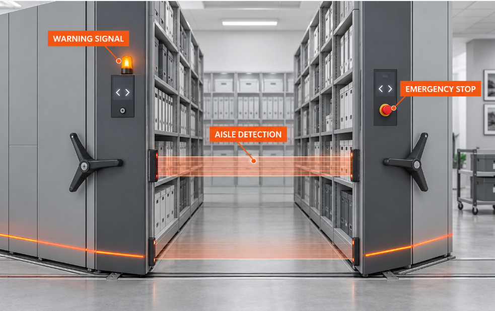 Powered mobile shelving aisle detection beam, warning signal and emergency-stop control