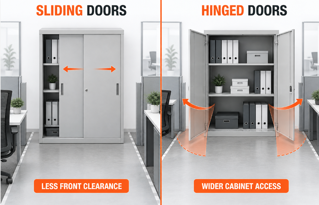 Sliding-door and hinged-door cabinet access comparison