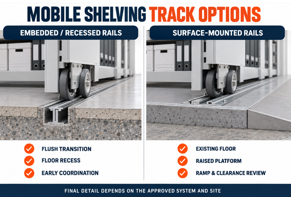 Load path from archive boxes through mobile shelving wheels and rails to the floor structure