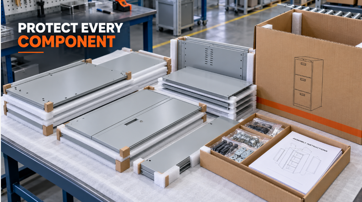 Protective packaging for knock-down steel cabinet components