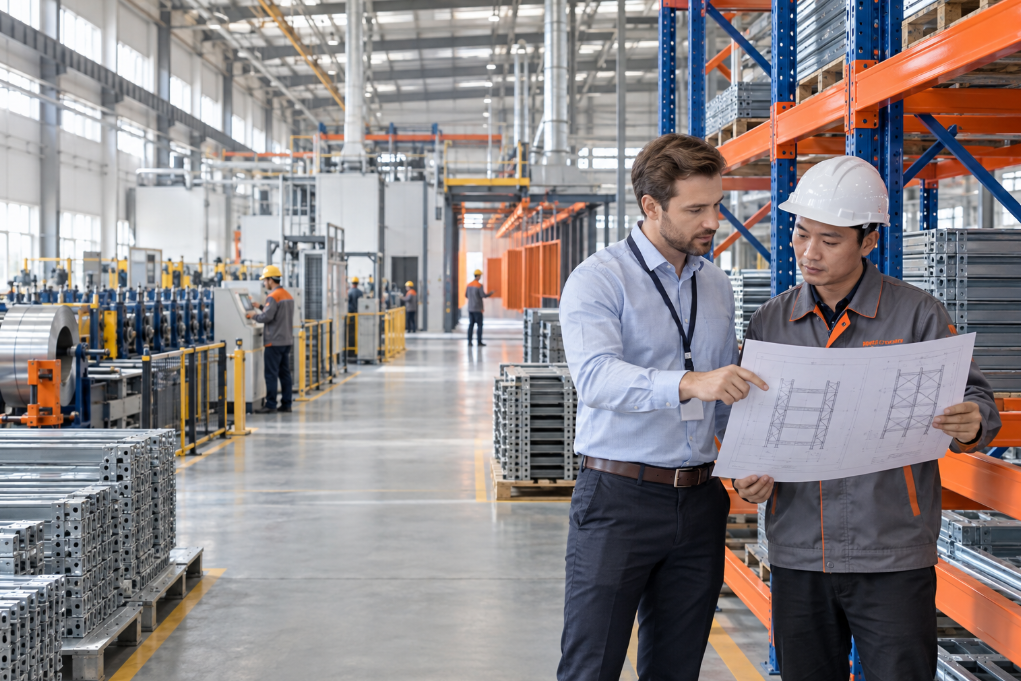 OEM and ODM steel storage equipment manufacturing International buyer and engineer reviewing a custom steel racking design in China