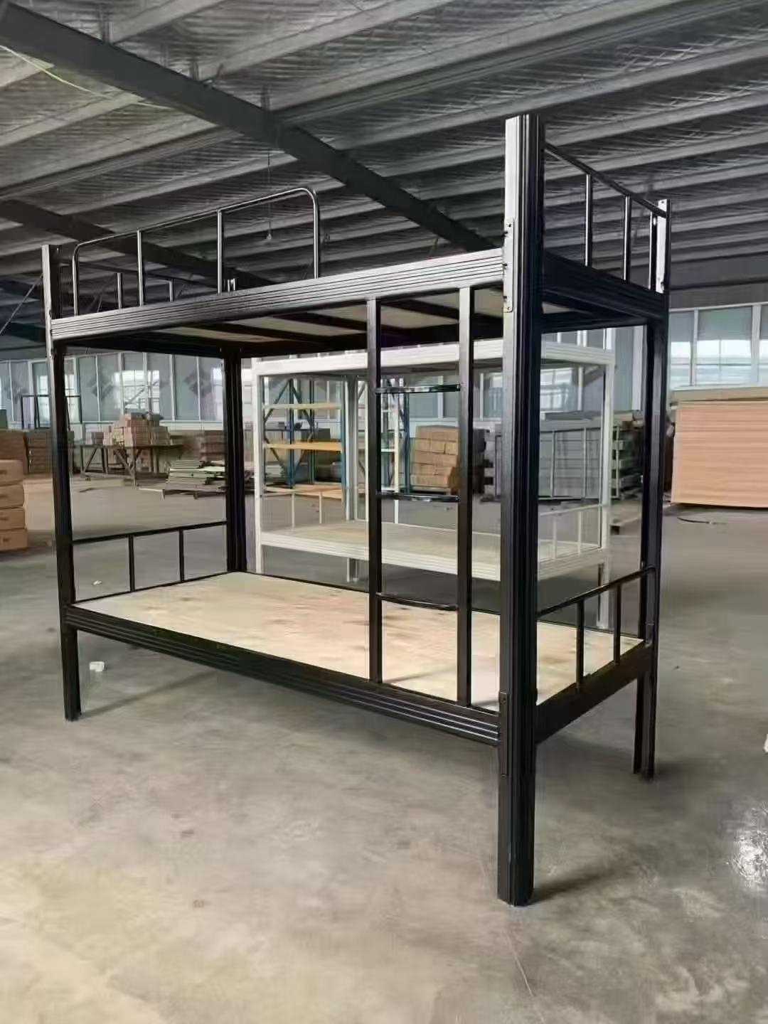 Steel bunk beds with integrated storage Black steel bunk beds with lockable cabinets and shoe racks for dormitories