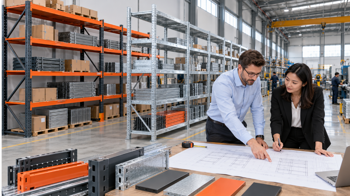 KAYOU custom steel shelving project KAYOU engineers reviewing a factory-direct custom steel shelving layout