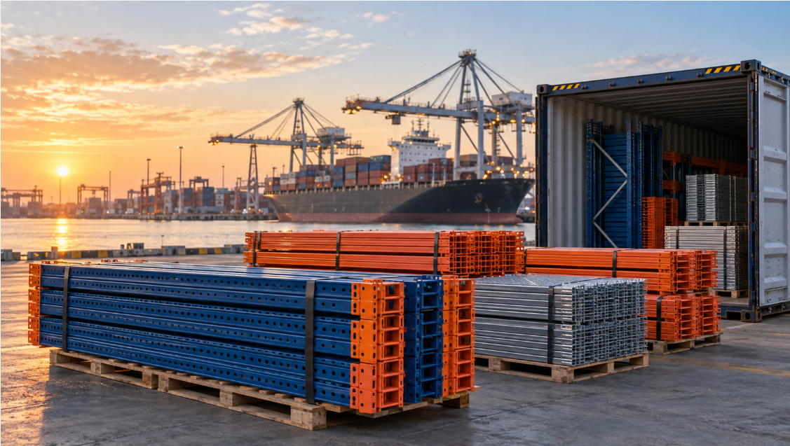 Steel racking landed-cost planning Procurement specialists reviewing steel racking layouts, container loading and landed costs