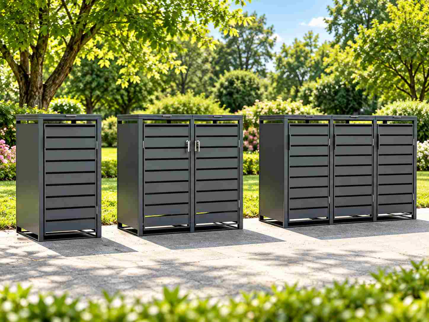 Outdoor steel trash can storage cabinet with three wheelie bins