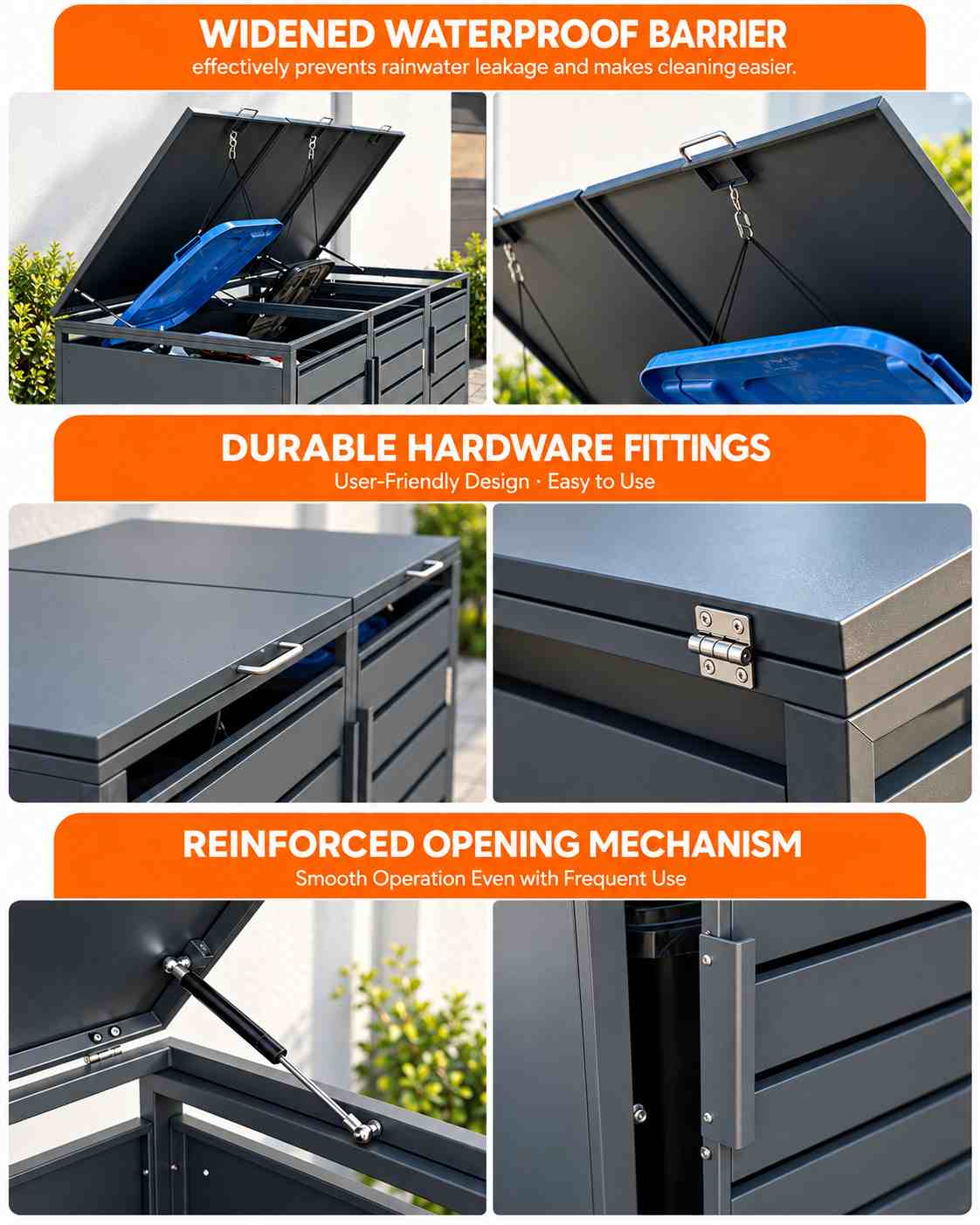 Metal trash can enclosure lid and reinforced opening mechanism