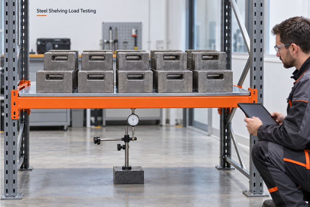 Illustrative steel shelving load test with displacement measurement