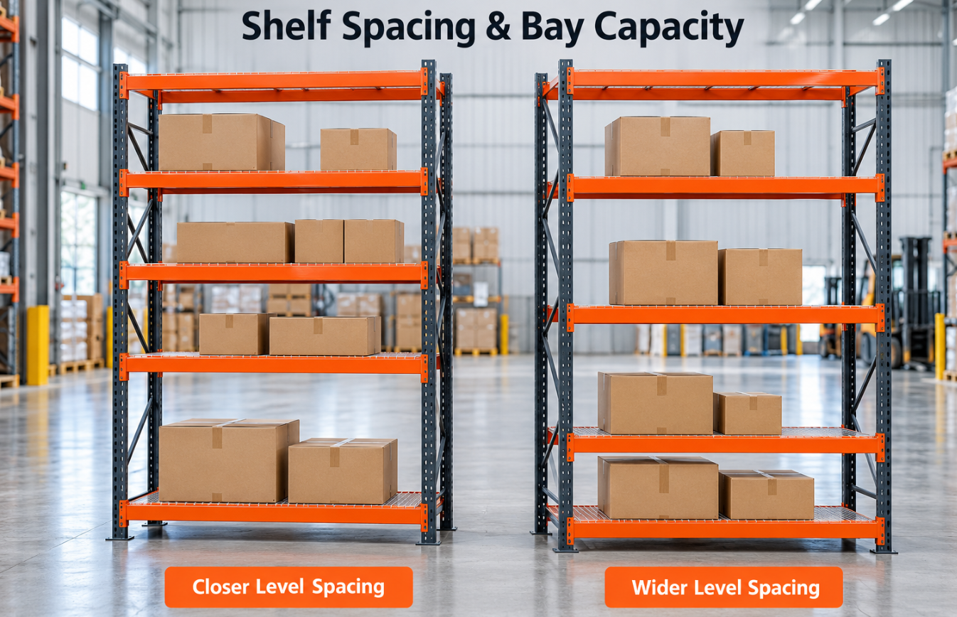 Illustrative steel shelving with different vertical level spacing