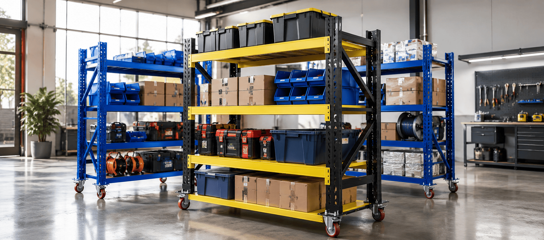 Warehouse shelving for cartons, plastic containers and manual picking