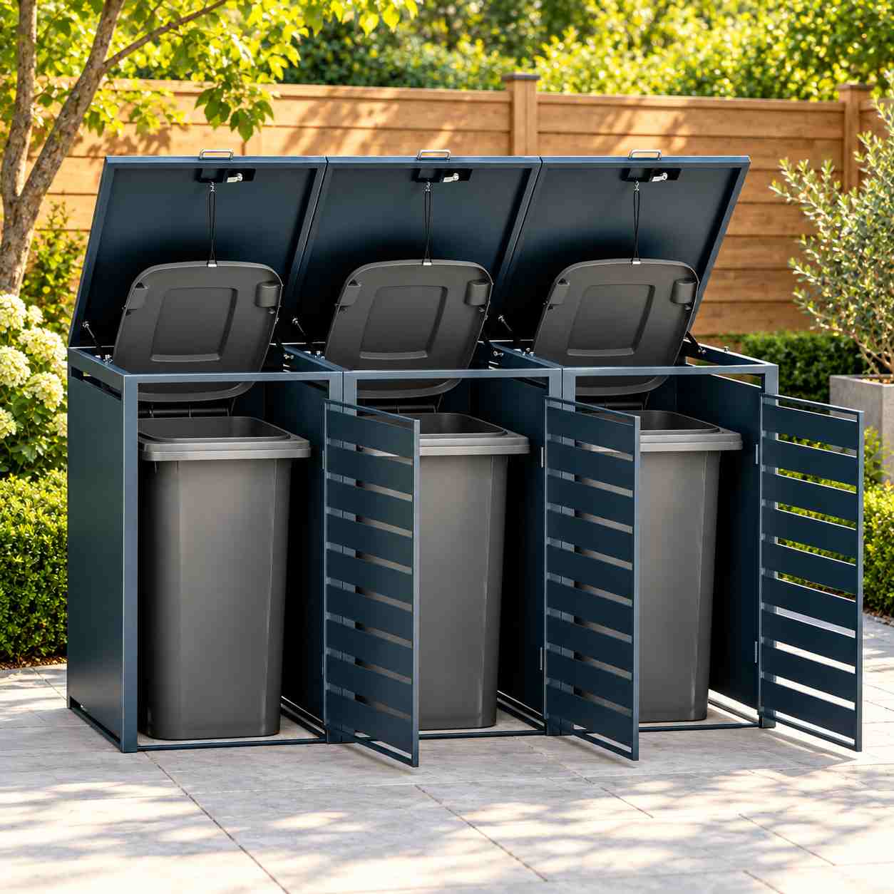 Outdoor trash can enclosure with lift-up lids and front doors