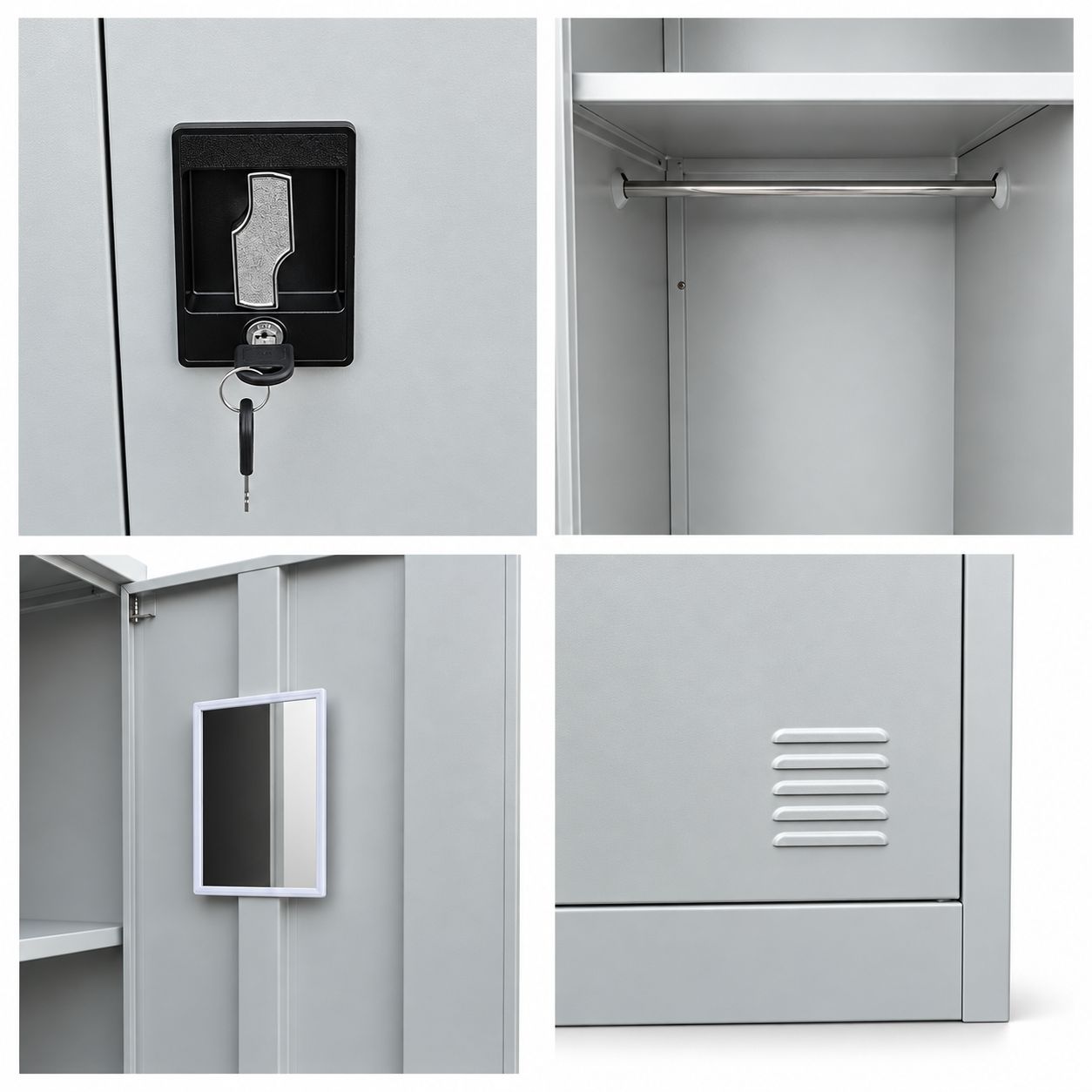 Lockable Metal Wardrobe with Hanging Rod and Shelves