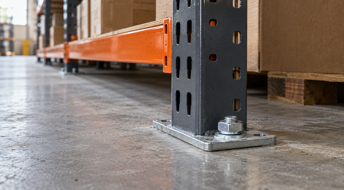 Metal shelving floor fixing detail Steel shelving baseplate anchored to a concrete floor